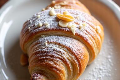 Amandel Croissant met poedersuiker en amandelschaafsel
