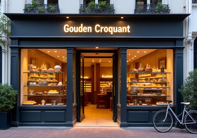 Gouden Croquant winkelentree met uitnodigende gevel en warme verlichting
