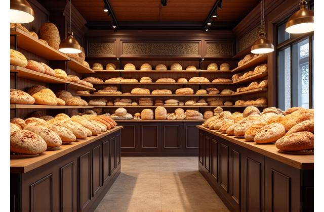 Interieur van Gouden Croquant bakkerij met warme belichting en verse producten