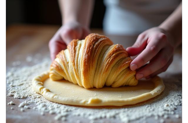 Handen die perfecte croissantdeegplakken vormen in een bakkerij