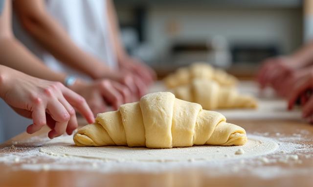 Groep mensen leert croissants te vormen in een bakkerij